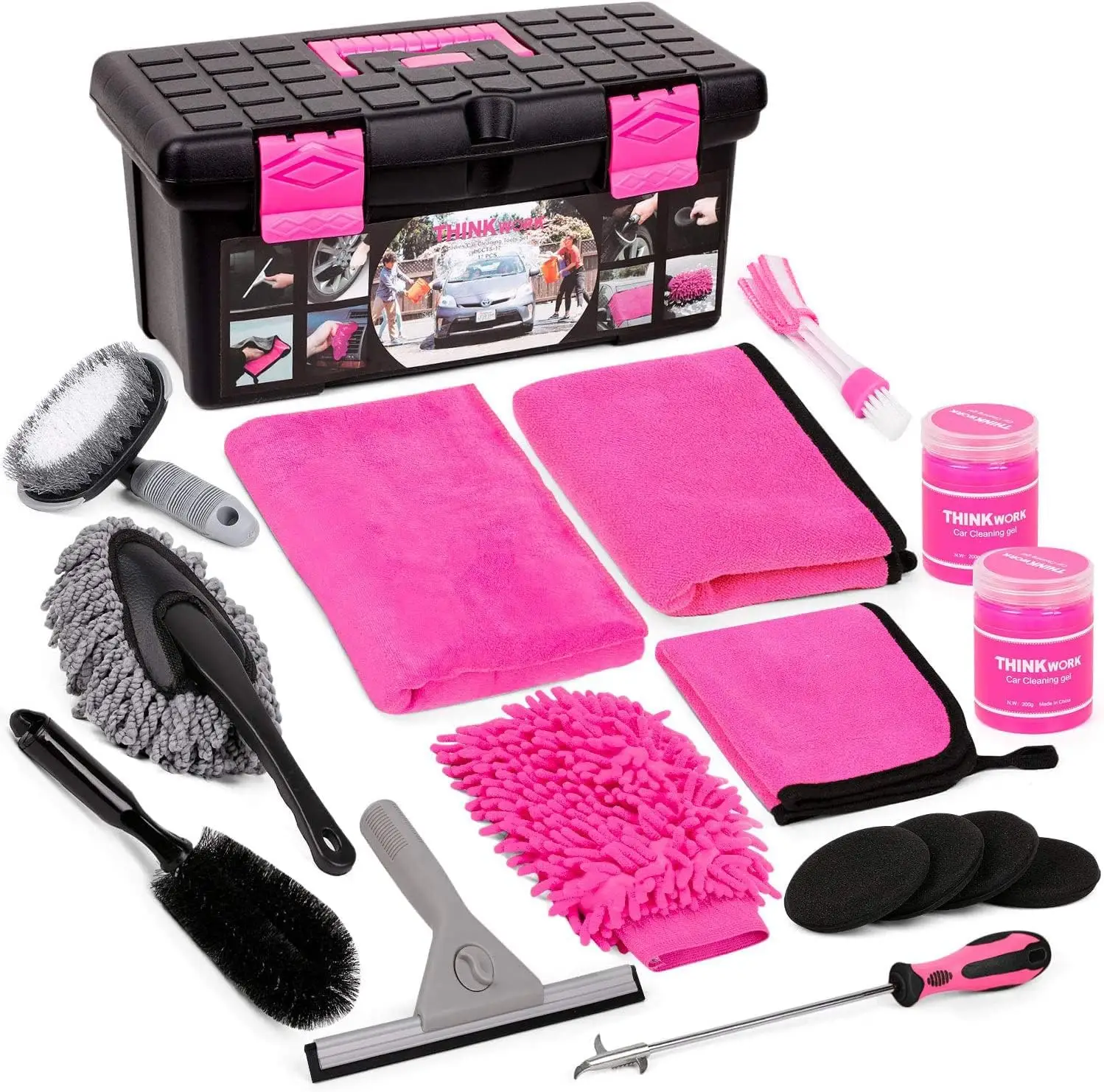 【Fall Deals For You】THINKWORK 17pcs Pink Car Detailing Brush Kit, Exterior/Interior Detail Kit Car Detailing Set, Professional Car Care kit for Small