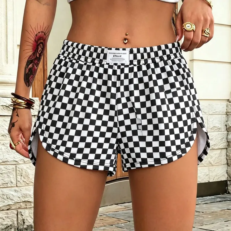 Women's Y2K Checkerboard Shorts High Waist Elastic Waist Casual Loose Running Shorts Casual Athleisure Shorts