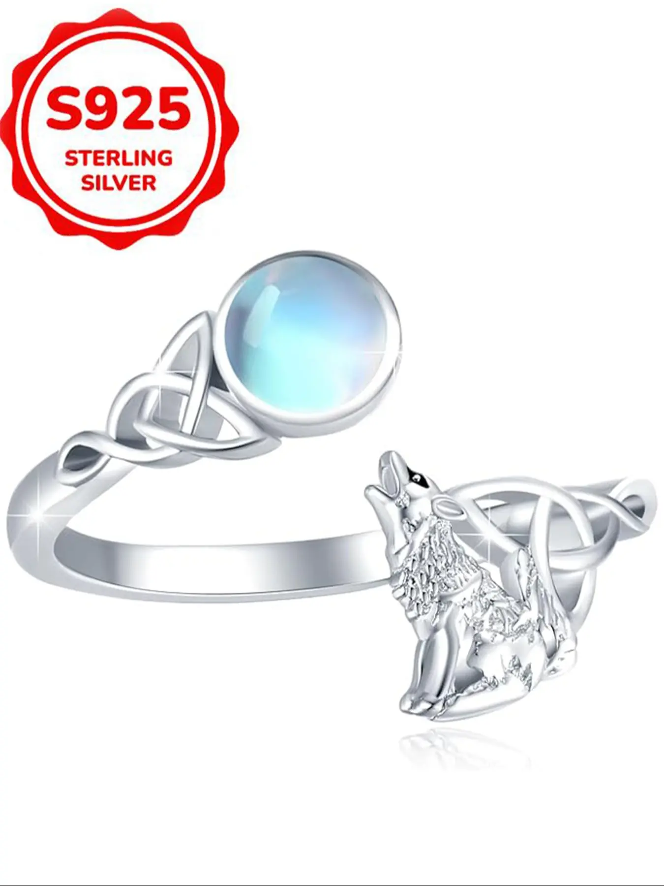 Women's S925 Silver Moonstone Accents Adjustable Fit Celtic Wolf Howl Ring, Statement Rings, Unique Rings, Animal Themed Thumb Jewelry for Women & Girls, Unique Gift Idea