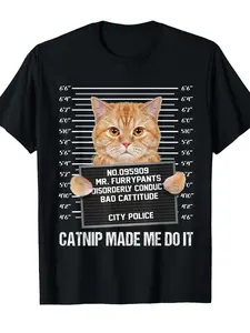 Men' Funny Cat Mugshot T-Shirt - Mr. Fuzzypants Police Humor & Bad Cattitude Design with Orange Tabby Graphic - Soft Stretchy Knit Fabric Short Sleeve Round Neck Tee Suitable for Women & Men, Casual Pet Lover Apparel