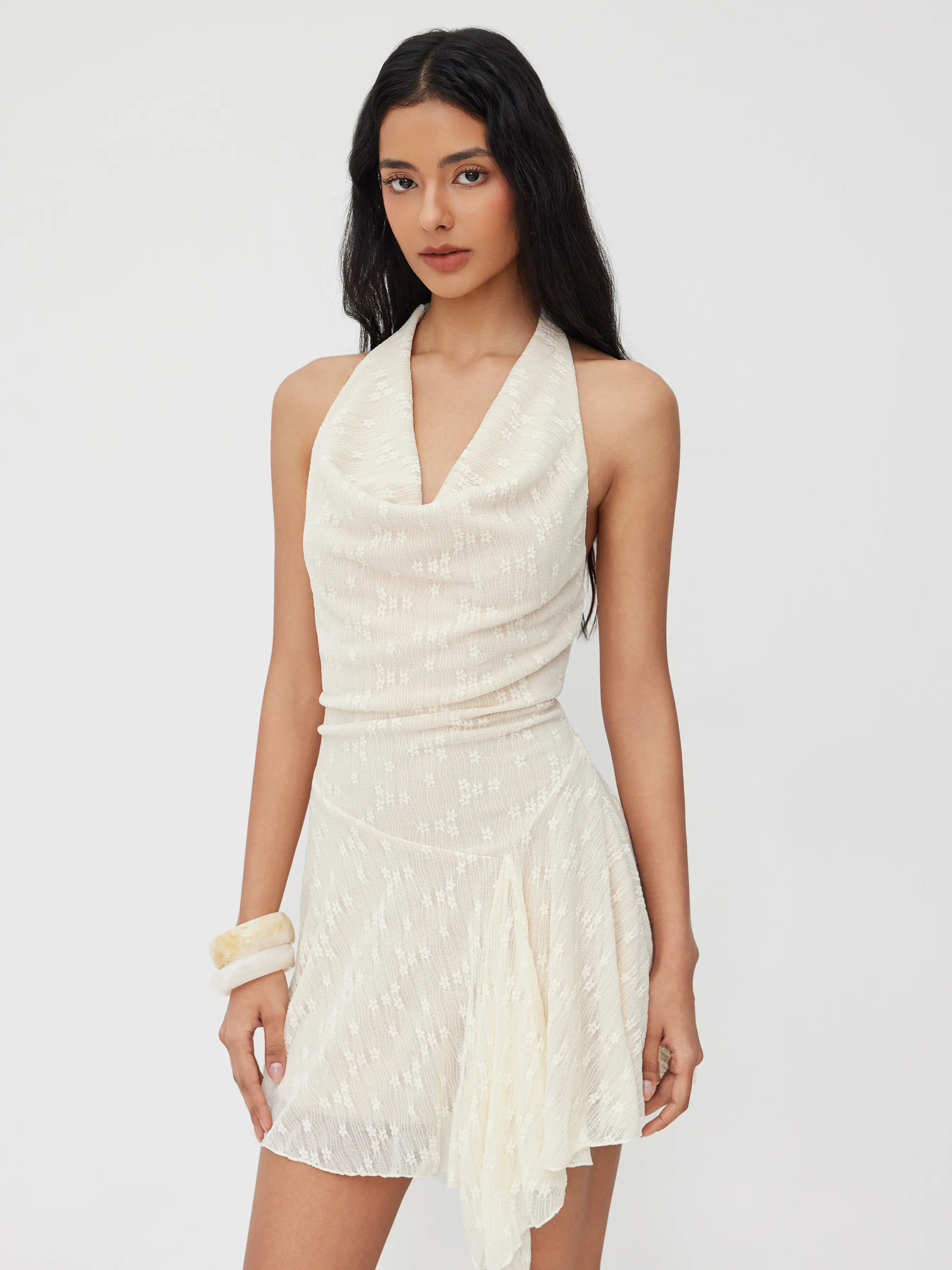 Cider Cowl Halter Neckline Lace Knotted Ruffle Mini Dress
