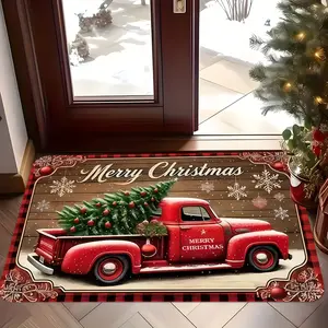 Doormat with Black and Red Checkered Background Red Car with Christmas Tree Print "Merry Christmas" Lettering High-Quality Floor Mat for Kitchen Hallway Living Room Easy to Clean Durable Long-Lasting Suitable for Christmas