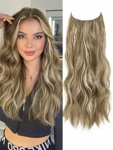 Halo Hair Extensions Wavy Curly Invisible Wire Hair Extensions Light Ash Brown With Blonde Highlights Hair Extensions Synthetic Fiber Double Weft Soft Hairpieces For Women