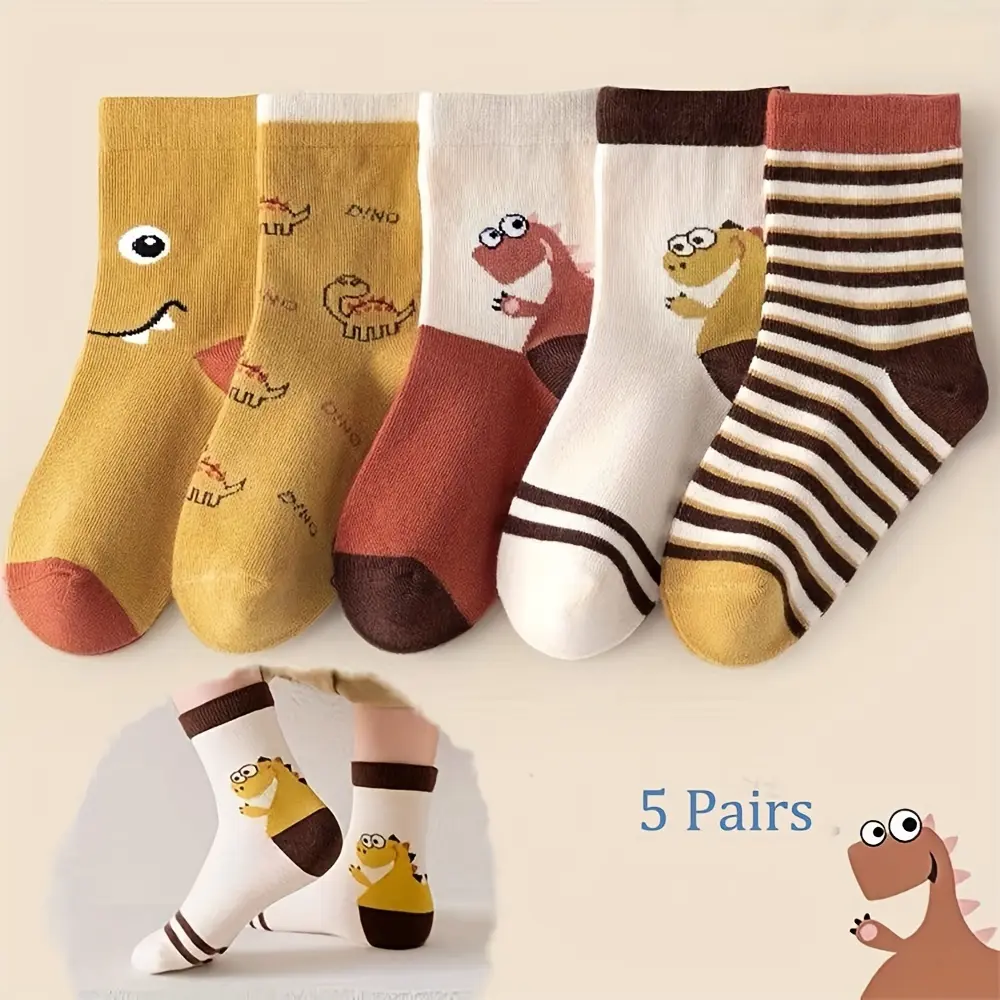 5 pairs of cute cartoon dinosaur socks for boys, autumn and winter warm mid-calf socks, fashionable color block mid-calf socks, trendy children's socks