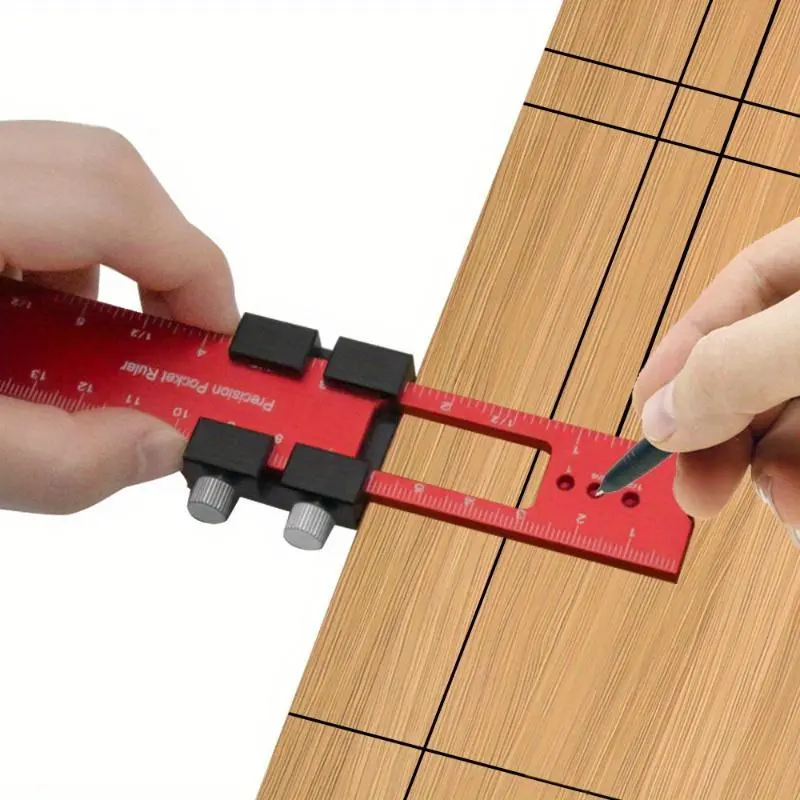 Precision Woodworking T-Ruler - Ergonomic Aluminum Pocket Square with Metric/Inch Measurements, Hand Measuring Tool, Measuring Ruler and Slide Stops, Measuring Instrument