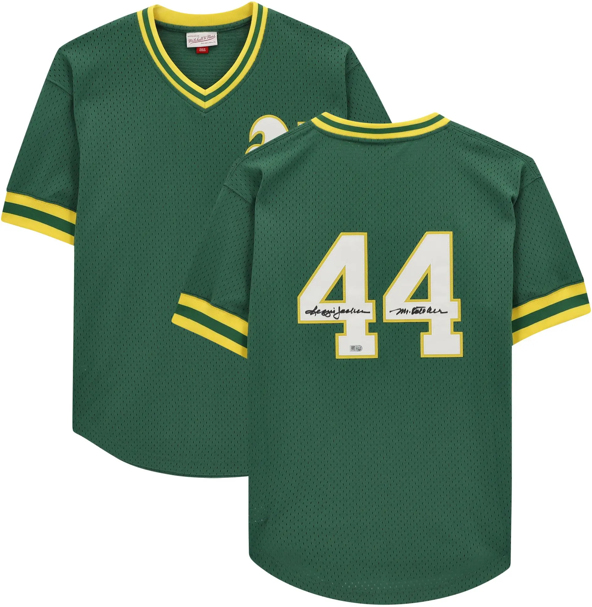 Reggie Jackson Oakland Athletics Autographed Green Mitchell & Ness Replica Batting Practice Jersey with "Mr. October" Inscription - Fanatics Authentic Certified