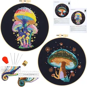Embroidery Starter Kit for Beginners Adults, Counted Cross Stitch kits for Adults Beginners, Hand Stamped Embroidery Needlepoint Kits with Mushroom Pattern, 2 Embroidery Hoop