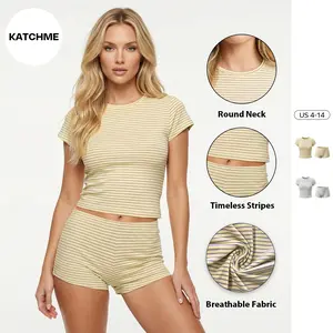 Katch Me Women's Minimalist Round Neck Stripe Short Sleeve Breathable Crop Top & Shorts Co-ord, Simple Style Stretchy Soft Two Piece Outfits, Comfortable Daily Wear