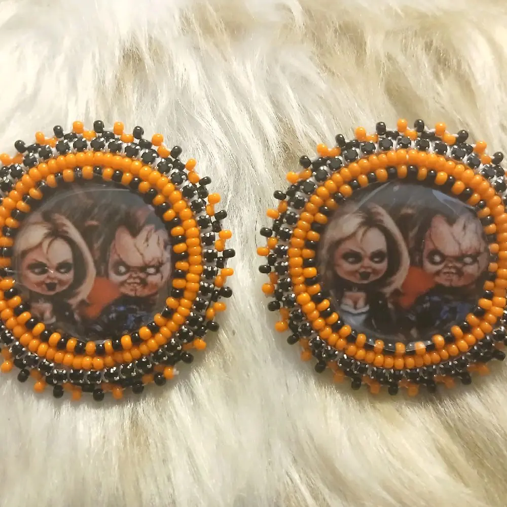 Bride of Chucky Halloween Themed Earrings - Orange and Black Beaded Design for Festive Halloween Outfits