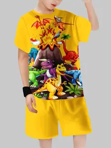 Boys Dinosaur Theme Set Summer Volcano Prehistoric Dinosaur Printed Short Sleeve Shorts Loose Fit Casual Wear, Kids Fashion