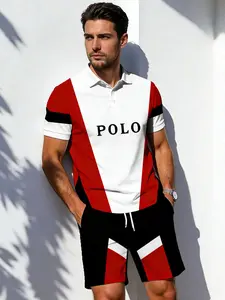 Men's Casual Polo Shirt and Shorts Set, Letter Print, Loose-Fitting, Short Sleeve, All over Print, Two-Piece