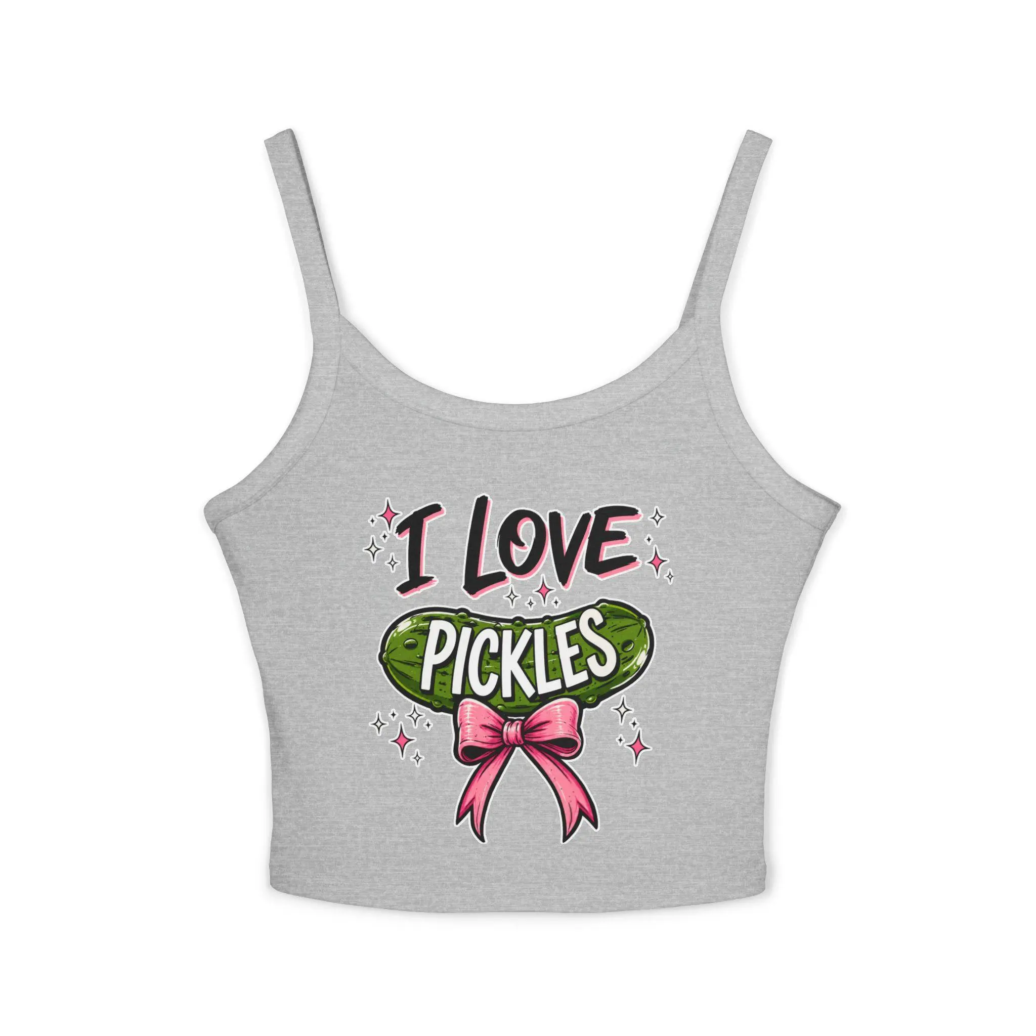 Women's Soft Cotton Spaghetti Strap Tank Top - Hand-Drawn Pickle Graphic, Pink Bow, Mid-Length Cut, Everyday Wear for Fitted Jeans (Cold Wash Recommended)