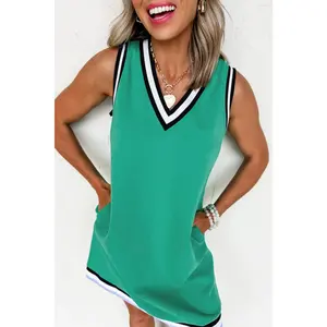 Women's Mint Green V-Neck Sleeveless Mini Dress with Contrast Trim, Casual Womenswear