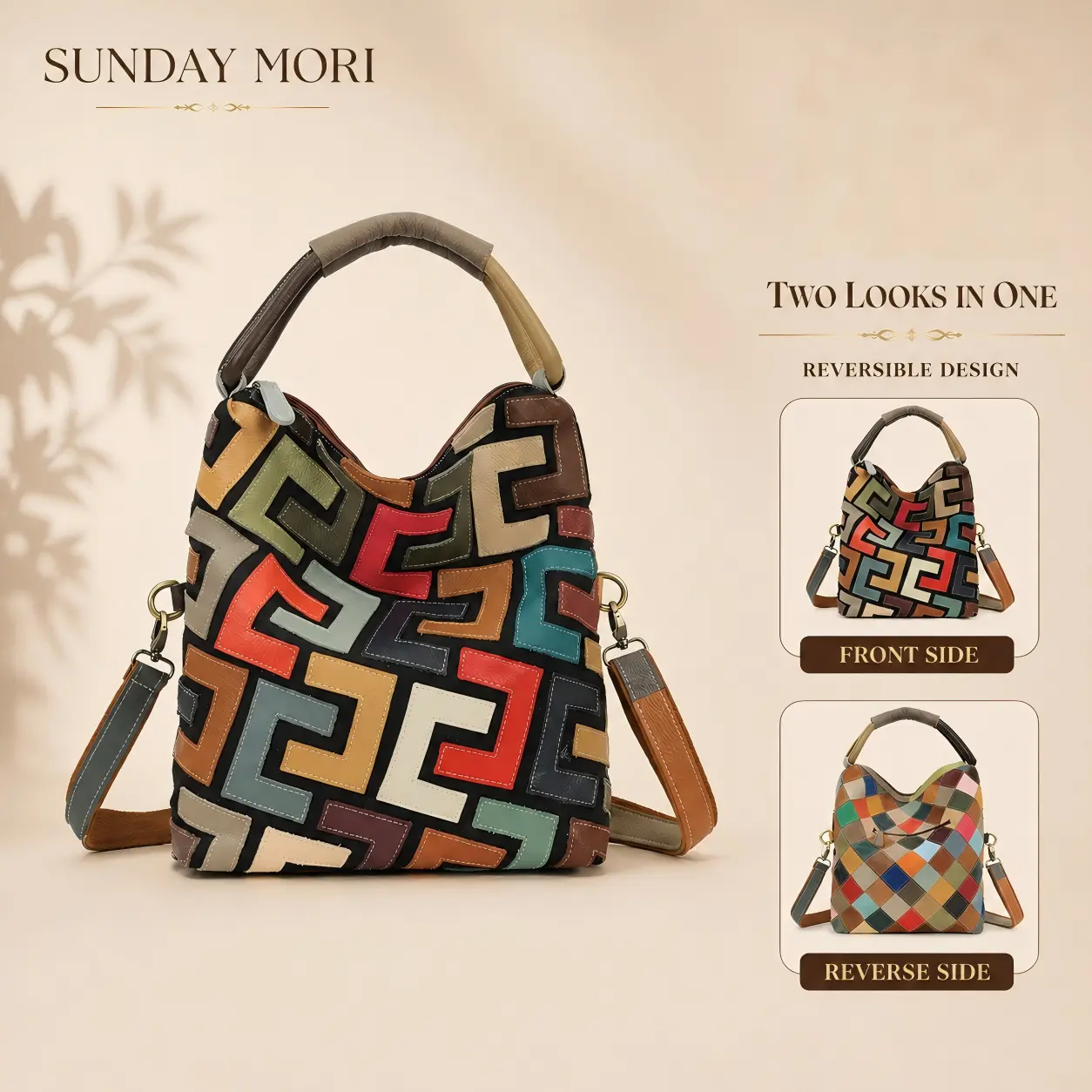 Women's Reversible Tote Bag in Genuine Cowhide Leather, Stylish Artistic Patchwork Design, 3-in-1 Commuter Bag with Crossbody Strap for Work, Stylish Versatile Bag