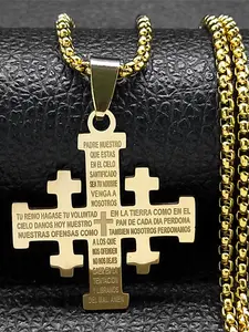 Christian Jerusalem Cross Pendant Necklace for Men Women Stainless Steel Bible Verse Lord's Prayer Chain