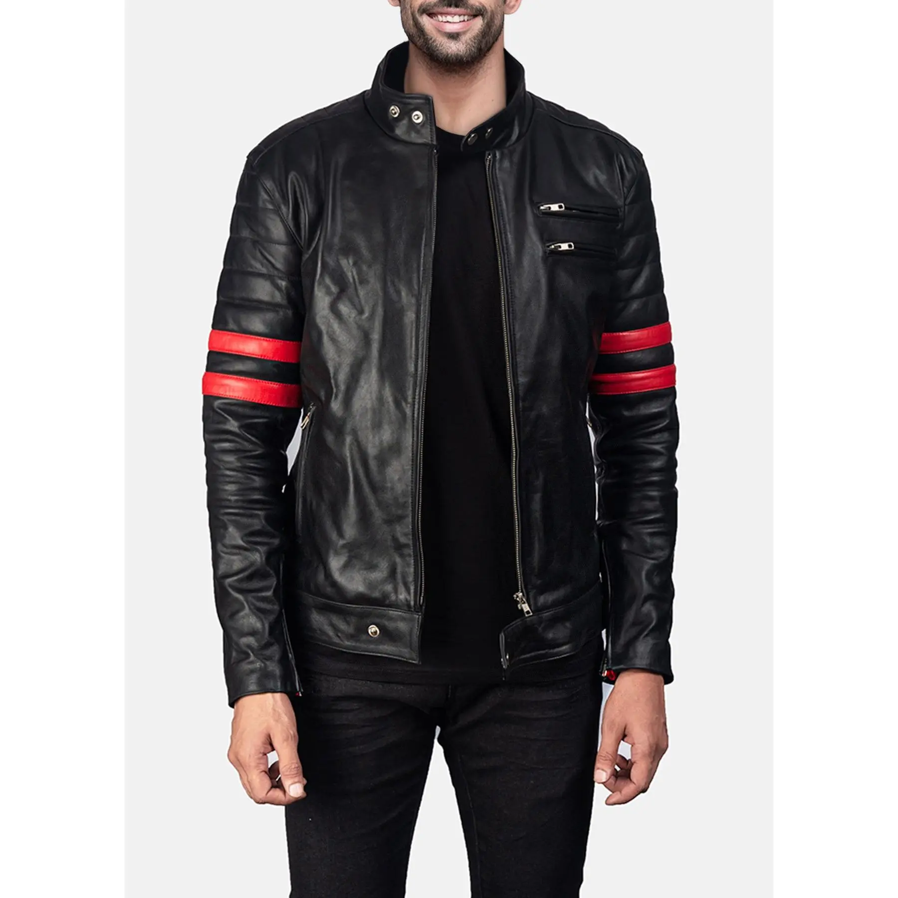 Mens Perfecto Black & Red Biker Leather Jacket