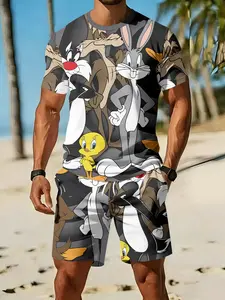 Vintage Cartoon Animal All-over Print Casual Men's 3D Digital Printed Two-piece Set, Tropical, Trendy Fashion Outfit, Stylish Retro Casual Two-piece Suit, Resort-style Trendy Wear, Breathable Sports Casual Style, Perfect Festival Gift for Men, Menswear