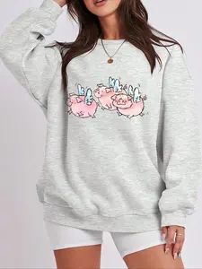 Flying Pig Animal Print Sexy Holiday Casual Fleece Round Neck Sweatshirt, Fall & Winter New Loose Fit Pullover Sweater, Cute Sweatshirt