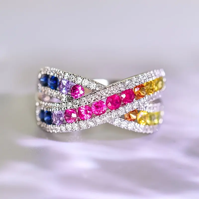 Coquette Style Promise Ring Trendy X Design Silvery Plated Paved Colorful Gemstone Engagement Wedding Ring Party Accessory