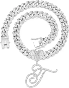 Cuban Link Chain for Women men Initial Necklaces Iced Out Chain with Heart Letter Pendants Custom Chain Bling Name Necklace personalized Women  Hop