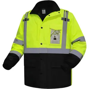 Hi Vis Jackets for Men, Safety Jackets for Men&, Coat with Pockets for Cold, Waterproof High Vis Rain Coat, Class 3, Yellow-Black Long, XL