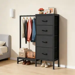 Garvee 4 Drawer Dresser with Hanging Rack & Open Shelf, 2-in-1 Fabric Drawer Small Closet for Bedroom Living Room Hallway, Black