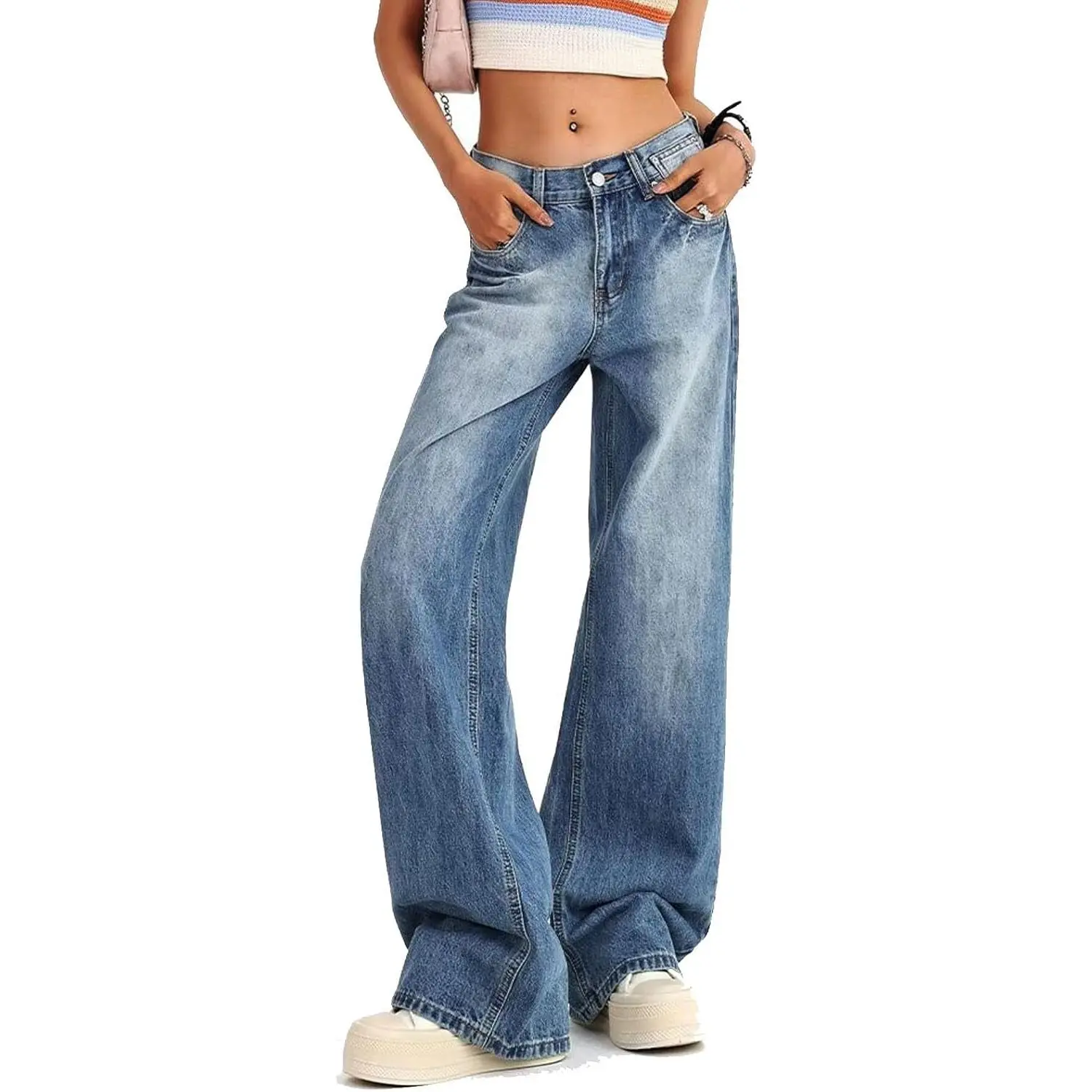 Women's Low Rise Baggy Jeans Y2K 2000s Straight Wide Leg Denim Pants | Casual Loose Flare Jeans with pockets, Slightly Stretch Denim, Senior Teen Girls Fall Fashion Wear Size XS-XL