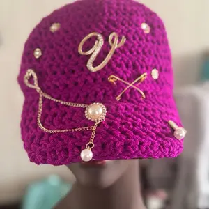 Junked Crochet Fitted Cap - Purple with Gold Chain and Pearl Decorations