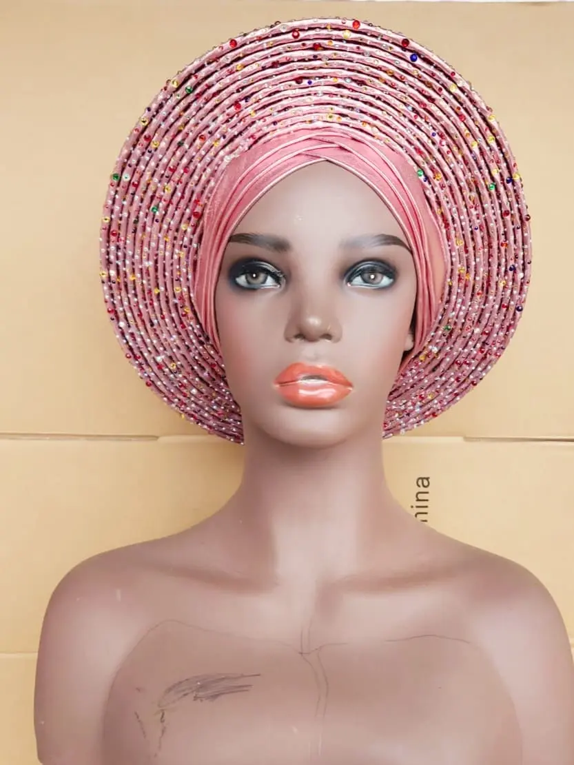 African Women Fashion Head Turban African Studded Turban African Nigerian Head Wraps Plain Auto Gele Turban