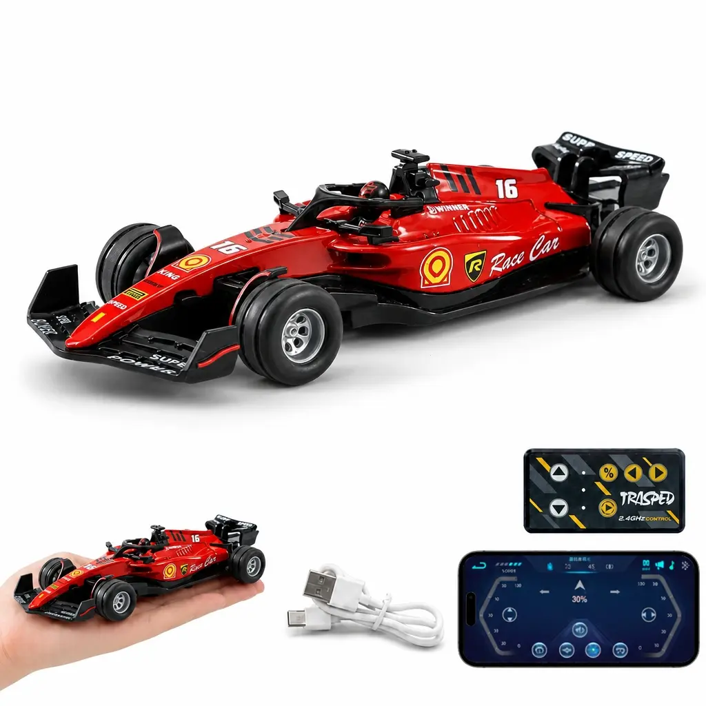 1/64 Mini F1 Racing Car Toy - Unisex 2.4GHz Pocket-Size Alloy RC Vehicle, Remote & App Control, USB-Rechargeable Built-in Battery, LED Lights, Age 6+, Indoor Stress Relief, Birthday Gifts for Kids, RC Controlled Drift Fun