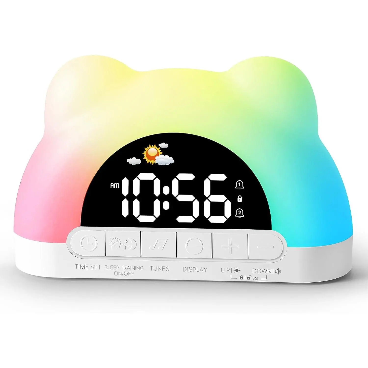 Kids Alarm Clock, Ok to Wake Alarm Clock for Kids, Toddlers Sleep Training Clock with 12 Colors Night Light for Bedroom, Sound Machine, Birthday Gift for Boys Girls Children(Adapter Include)