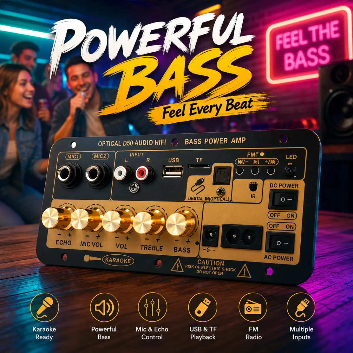 Karaoke subwoofer amplifier board, subwoofer amplifier module, dual microphone echo control, AC/DC universal voltage, suitable for home and outdoor speaker upgrades.