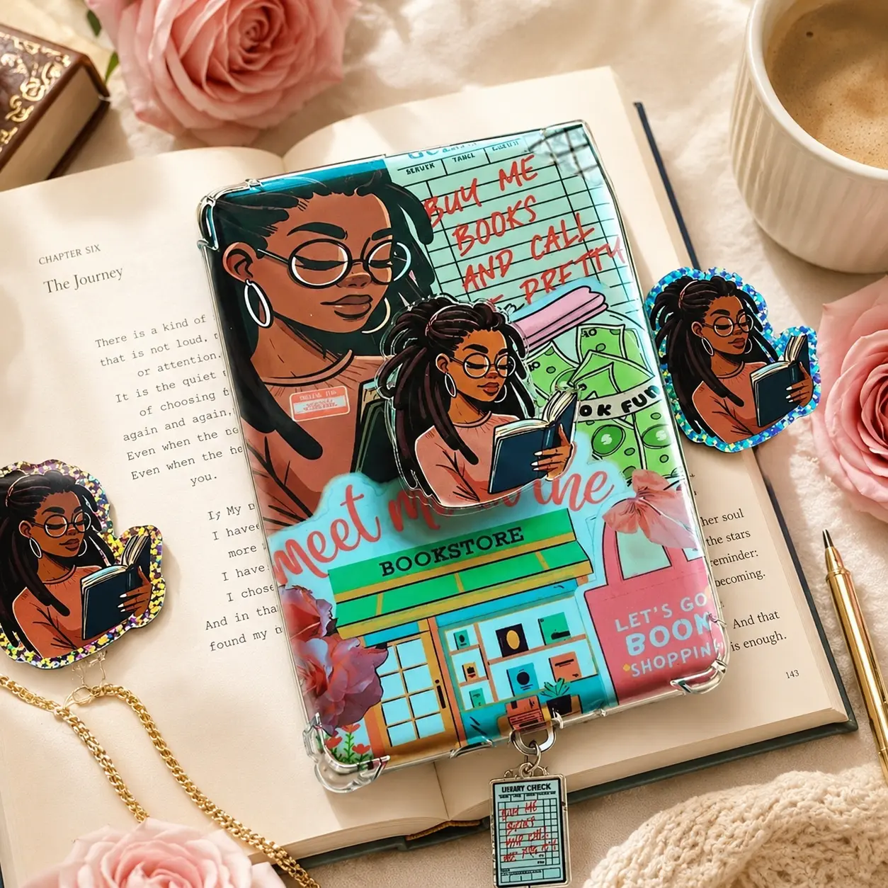 Aesthetic Book Lover Phone Grip | Cute Girl Reading Book Phone Stand | Trendy Booktok Accessory for Smartphone & Tablet Gift Idea