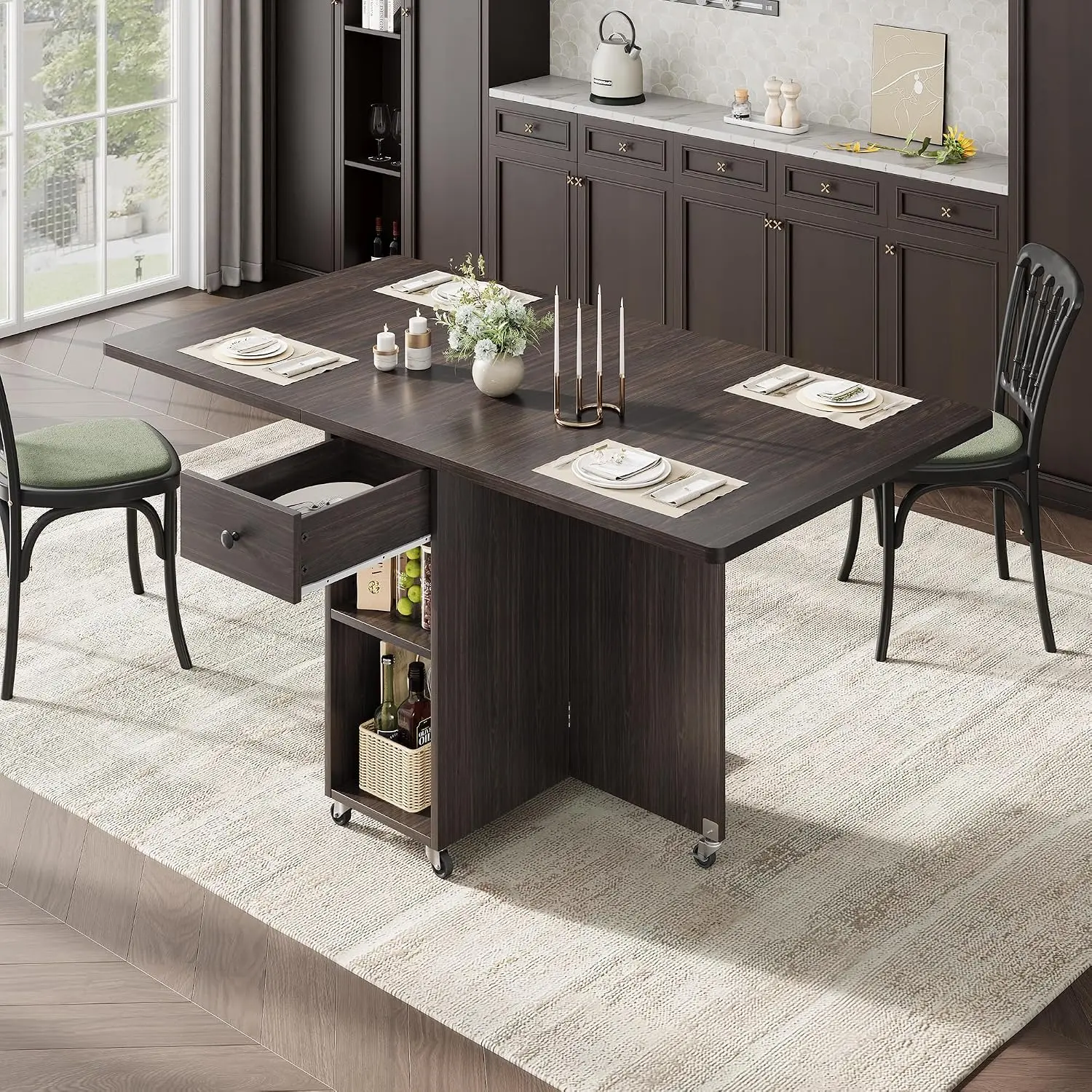 Jocoevol Space Saving Folding Dining Table for 4, Foldable Dining Table with Drawer and Storage Shelf, 6 Wheels Drop Leaf Kitchen Dining Room Table for Small Space (Walnut, 47.2" x 23.6" x 29.9")