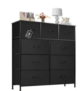 9 Drawers Dresser for Bedroom, Tall Fabric Closet Chests Organizer Tower Furniture with Wooden Top Metal Frame for Clothes, Kids Room, Living Room, Hallway, Entryway,Black