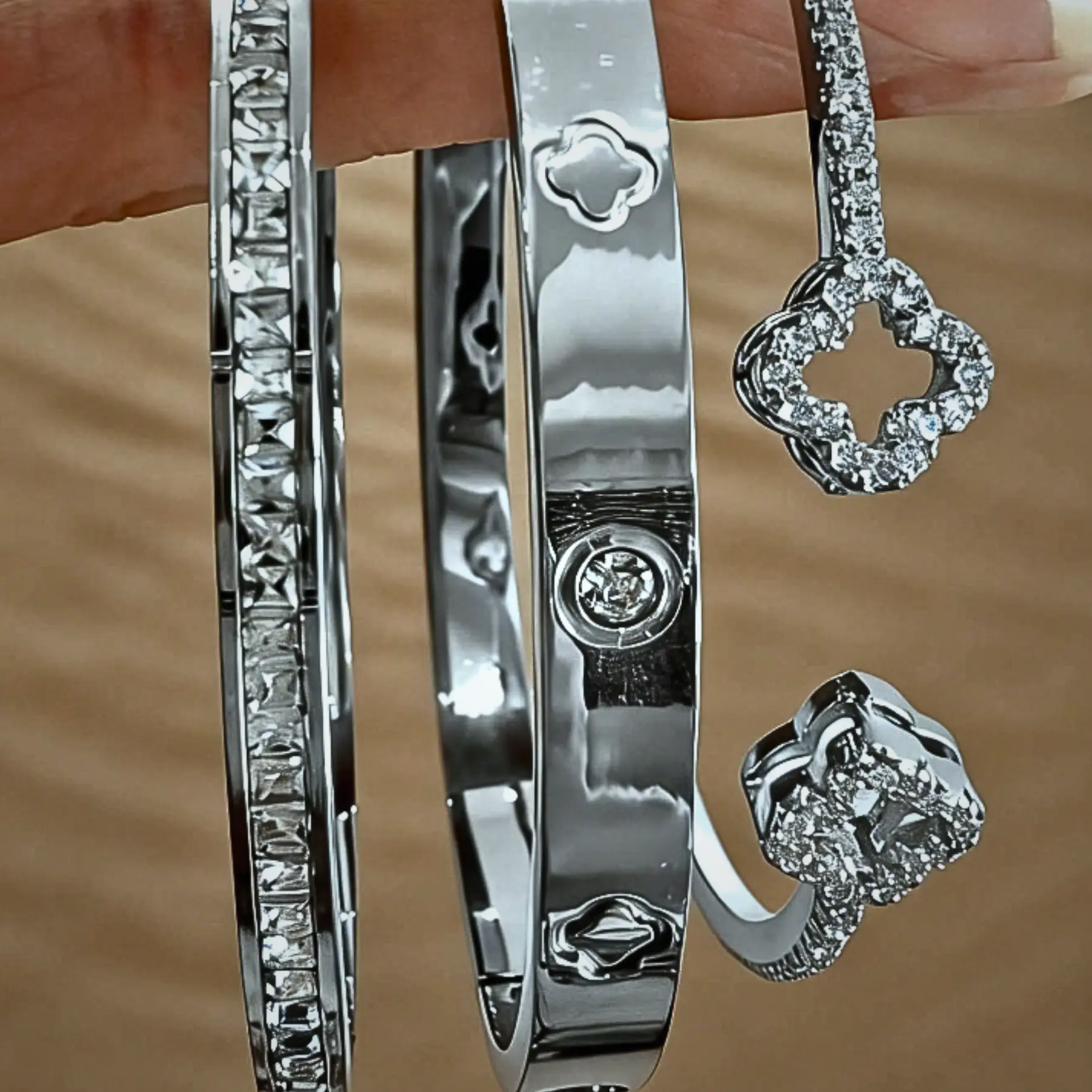 Women's 3-Piece Silver Four-Leaf Flower Bracelet Set | Stainless Steel & Copper Paved Rhinestone Jewelry