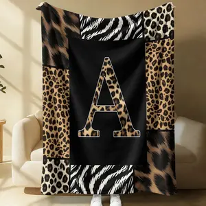 Leopard Print Initial Letter Monogram Plush Blanket, Flannel Fleece Throw Blanket, Initial Letter Monogram Western Style Plush Blanket, Couch, Bed, Sofa, Bedroom, Apartment, Travel, Camping, Home Decor, Warm Plush Blanket for Leopard Print Lovers