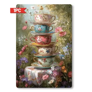 2D Flat] 1pc Vintage Floral Teacup Metal Wall Art - 8x12 Inch, Iron Decorative Sign with Stack of Tea Cups and Blooming Flowers