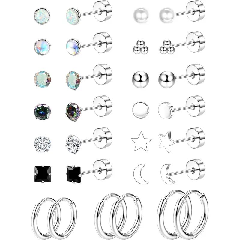 Jstyle 18 Pcs Flat Back Stainless Steel Stud Earring Jewelry Set - Hypoallergenic, Tarnish Proof Jewelry, 10mm Beads & Small Stud Hoops, Silver Gold Black, for Adults with Sensitive Ears & Cartilage Piercings