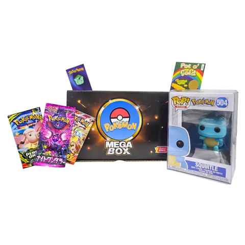 Mystery Grail Pokémon Mega Box Sealed Collectible Bundle - 1 Funko Pop, 2 English + 1 Japanese Booster Packs, Limited Edition Enamel Pin, Grail Quest Card, Scratch Card, Bonus Sweet Treat