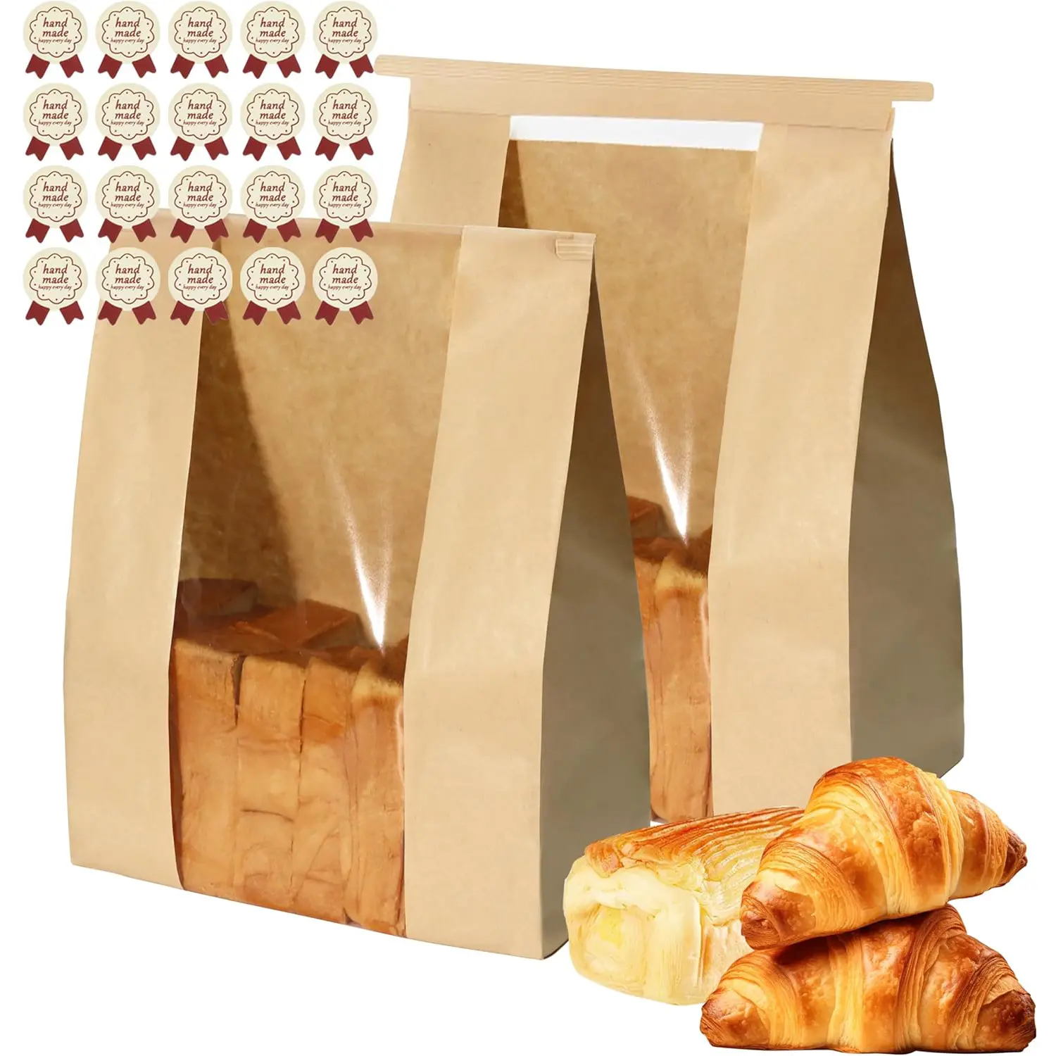 Sourdough Bread Bags - 25 Pcs 50% Thicker 8.3x3.5x13.7 Inches Food-Grade PE Film Tear-Resistant Tin-Tie Tab Lock Paper Bakery Bags with Window, Bonus Label Seal Stickers for Cafes, Homemade Baked Goods Packaging