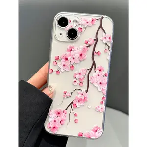 Pink cherry blossom transparent phone case, compatible with iPhone 16 Pro Max, waterproof and shockproof.