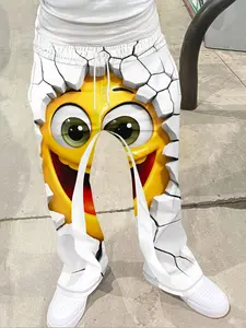 Funny Emoji Print Loose Bell Bottom Pants, Humorous Casual Long Pants, Fitted Geometric Pattern, All Seasons Wear