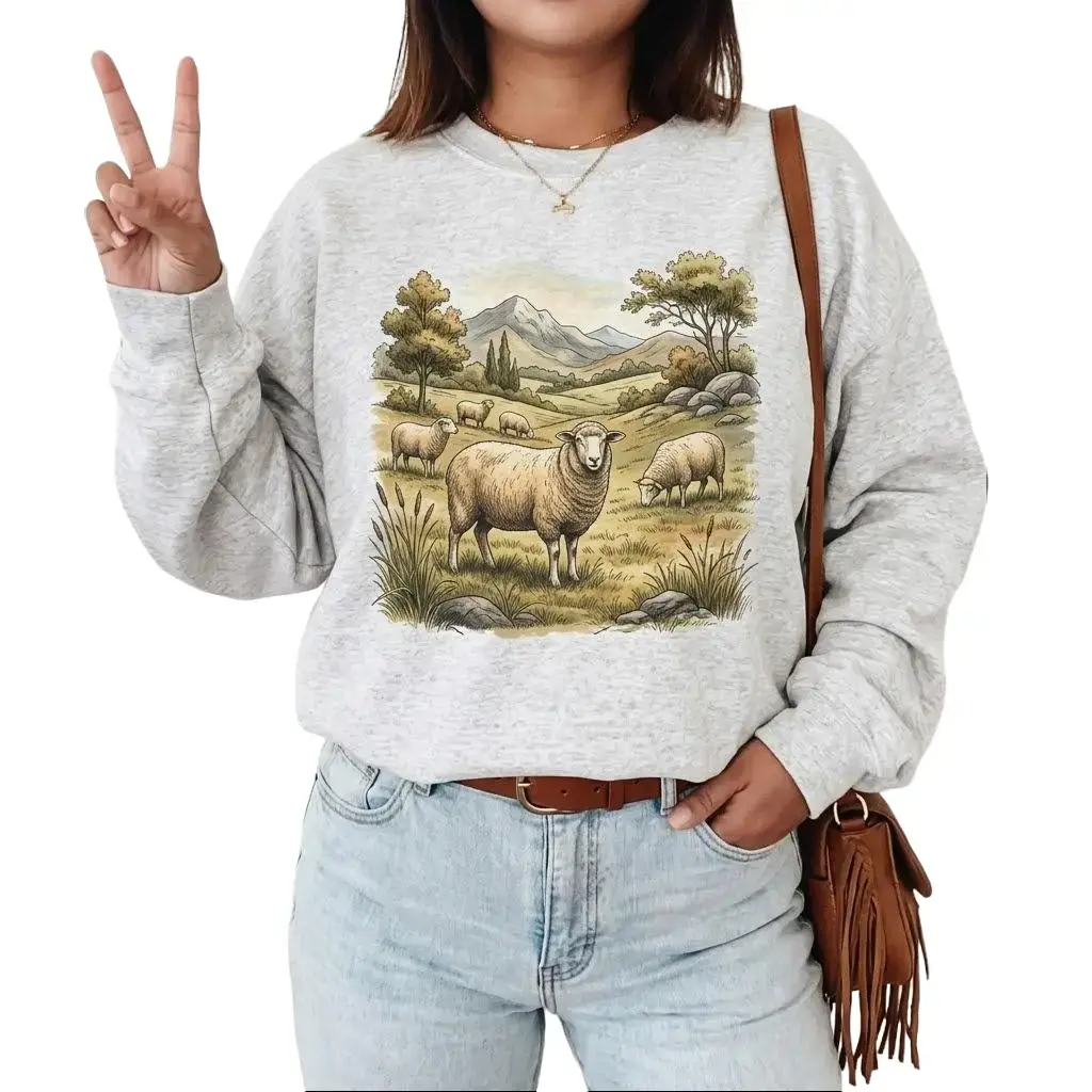 Unisex Sheep Pullover Sweatshirt Cotton , Retro Vintage Boho Womenswear