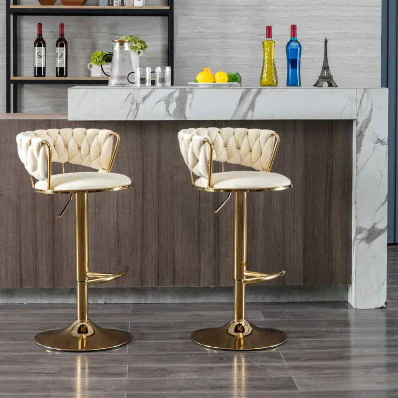 [SOIYELIFE] Buy this beautiful set of 2 cream bar stools! With chrome footrest and base, swivel height adjustment, mechanical lift velvet + gold legs, simple cream bar stool-Cream
