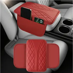 Car center console cover, leather car armrest box pad with 2 storage bags, car interior armrest pad protector accessories, universal for SUVs, sedans and trucks (Burgundy)