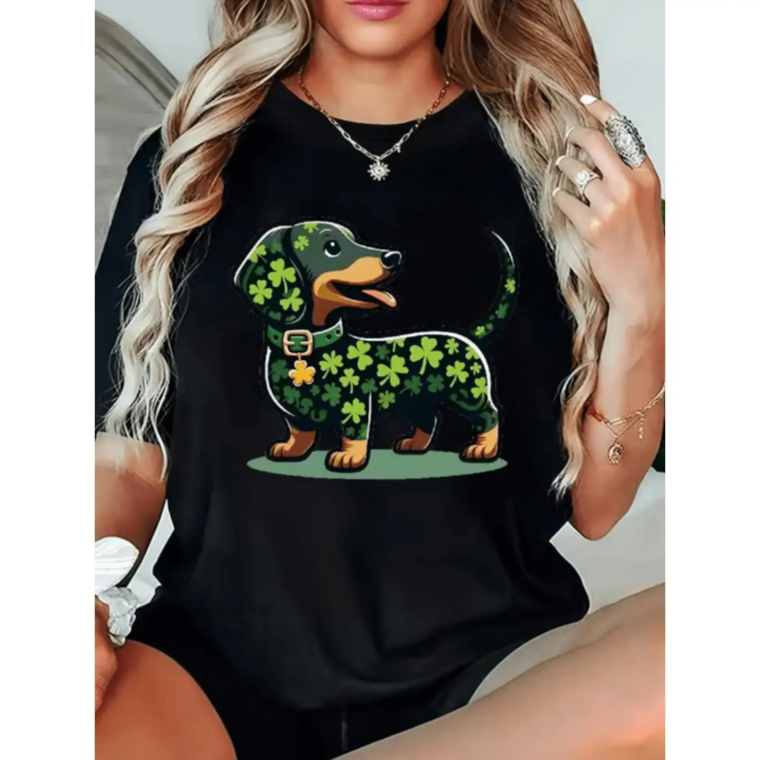 Adorable Dachshund Shamrock Print TShirt Plus Size Round Neck Short Sleeve Top Suitable for Casual Wear Gifting and Holiday Celebrations in Multiple Colors