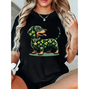Adorable Dachshund Shamrock Print TShirt Plus Size Round Neck Short Sleeve Top Suitable for Casual Wear Gifting and Holiday Celebrations in Multiple Colors