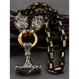 Norse Viking Myth Hammer Pendant, Wolf Head Necklace with Stainless Steel Chain, Charms Necklace, Punk Style Men's Accessories for All Seasons