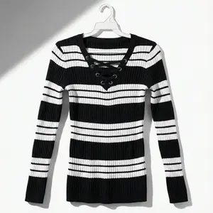 REBEL LOUS Black & White Stripe Lace-Up Ribbed Knit Top